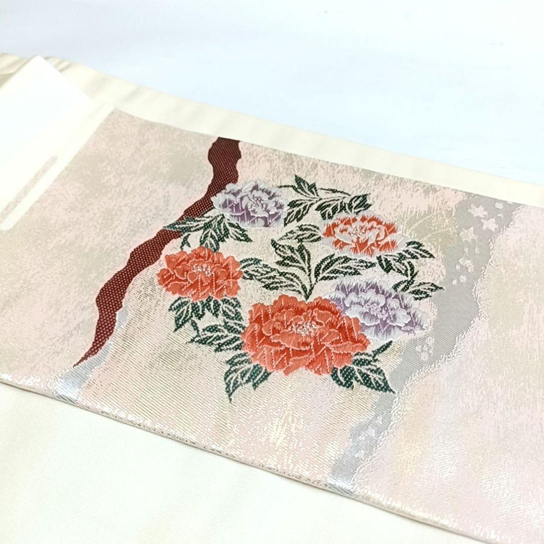 を えっと 名古屋帯 カジュアル 花柄 ベージュ 刺繍調