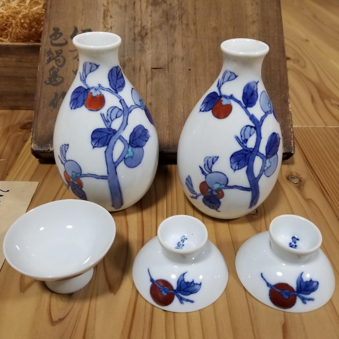 有田焼伊万里/色鶏島作酒器徳利×2おちょこ×3