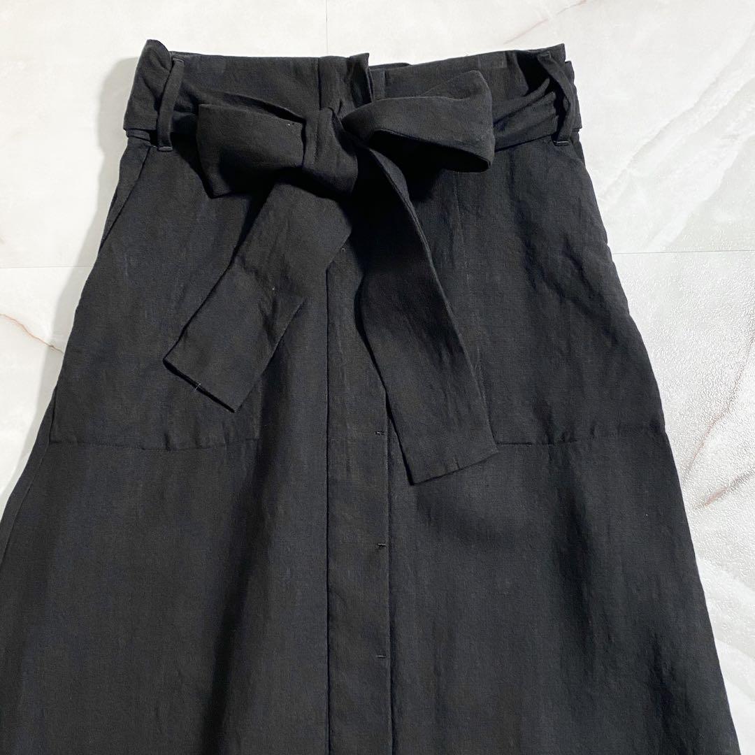 A17074 美品 カオス リボンフロントボタンスカート リネン黒 38 A17074 美品 カオス リボンフロントボタンスカート リネン黒 38