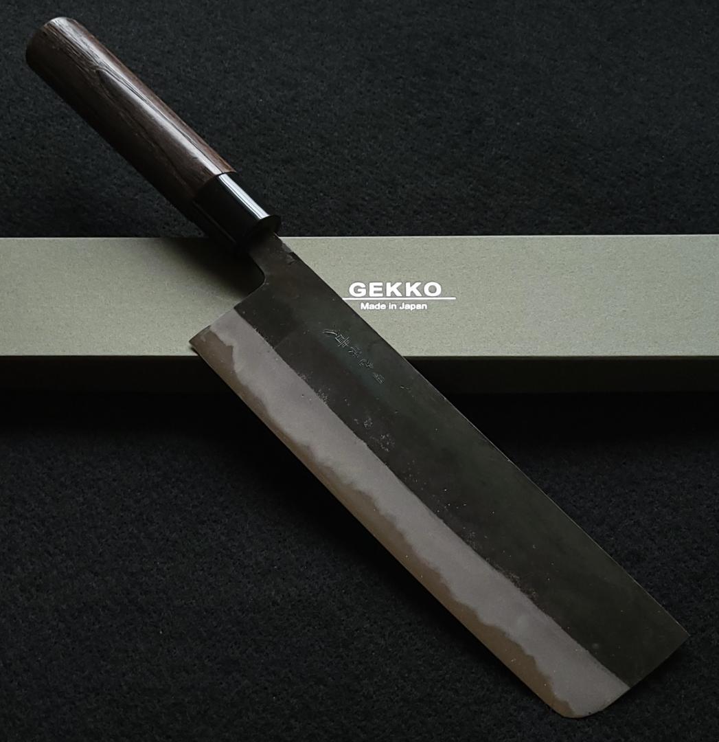 青紙２号 黒打 菜切包丁 210㎜ #1447 焼栗柄 手作り 鍛造 月光作