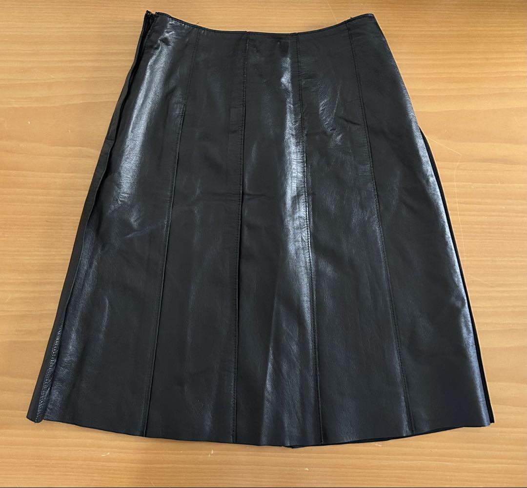 ハロッズ　Harrods ラムレザー　プリーツスカート　本革　黒　羊革