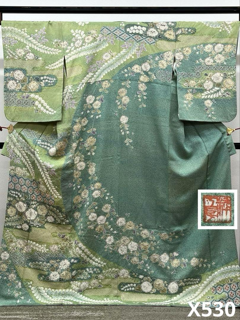 辻ヶ花 訪問着 落款入 金通し 絞り 紋意匠 正絹 X530