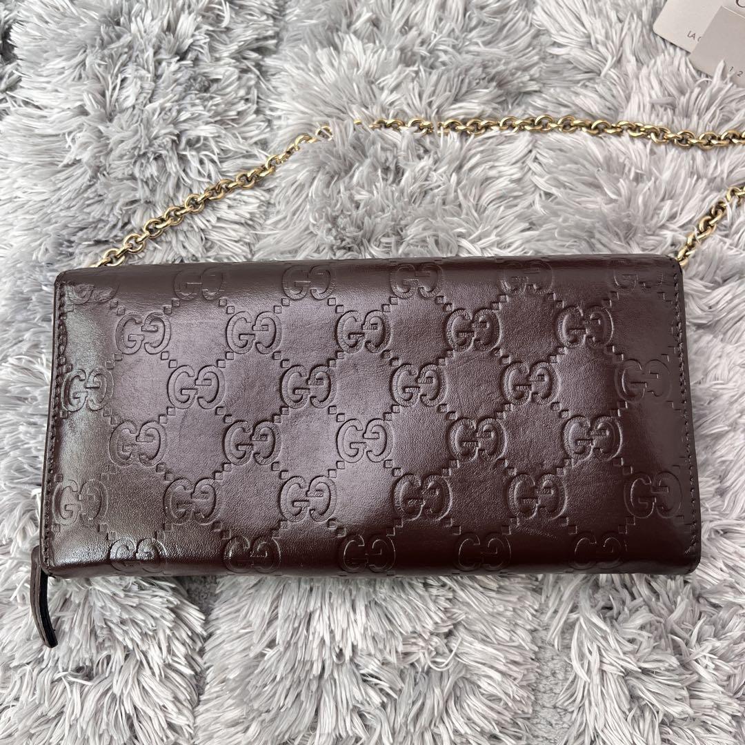 良品✨GUCCI チェーンショルダーウォレット　シマ　ブラウン　長財布