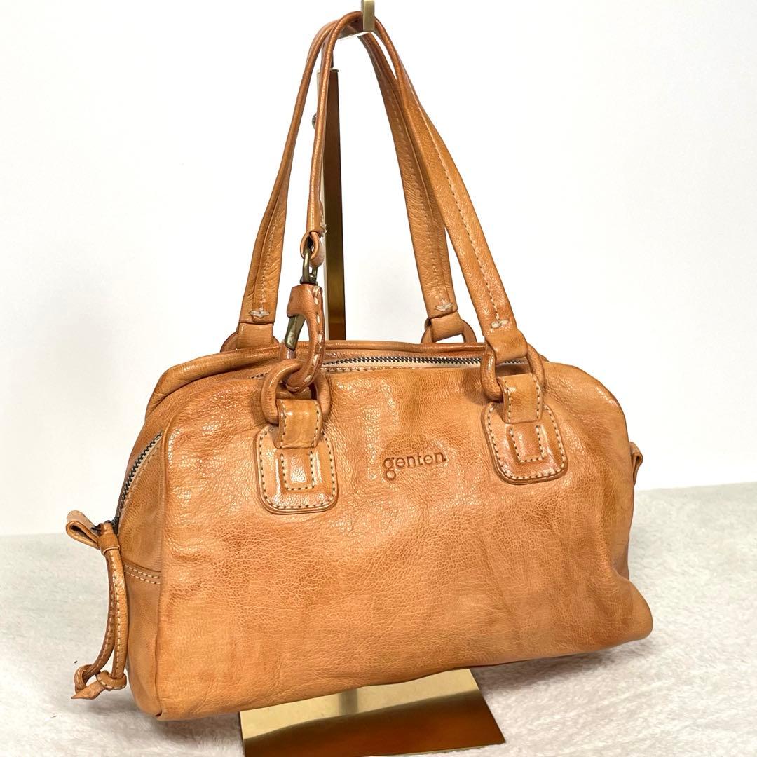 genten レザー ボストンバッグ ベージュ genten ゲンテン レザー ミニボストンバッグ 本革 ベージュ - バッグ新