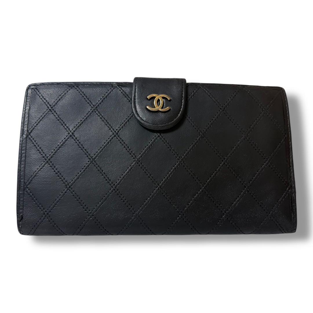 美品　シャネル　ビコローレ　ラムスキン　がま口　長財布　ブラック CHANEL シャネル ラムスキン ビコローレ がま口 長財布 ココ