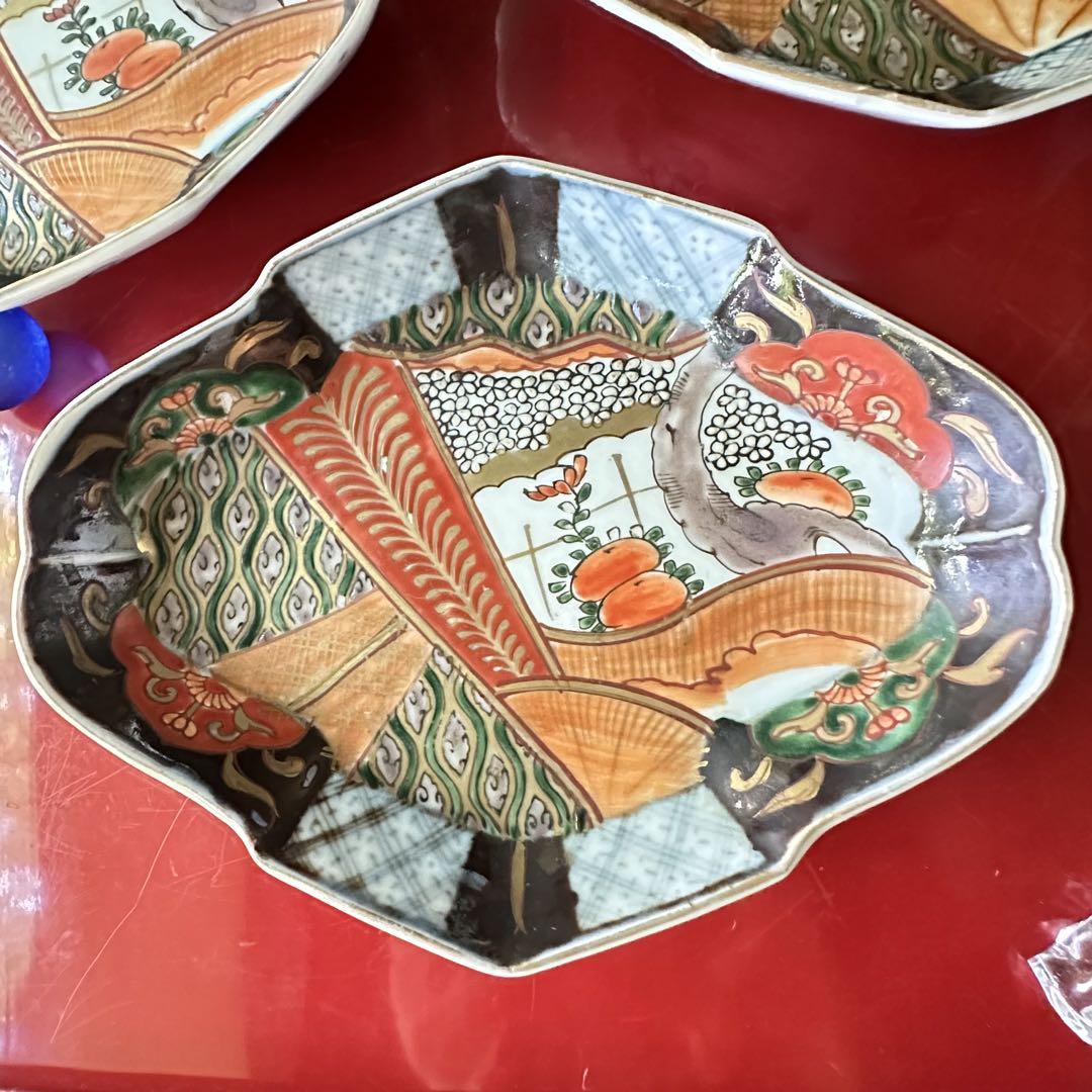【CM52】古伊万里 桐鳳凰図 変形 刺身皿 五客 鶴 金彩 錦手 菱形 向付 CM52】古伊万里 桐鳳凰図 変形 刺身皿 五客 鶴 金彩 錦手 菱形 向付