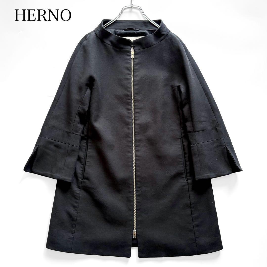 HERNO ヘルノ オフィサーカラーコート フレアスリーブ グログラン ブラック