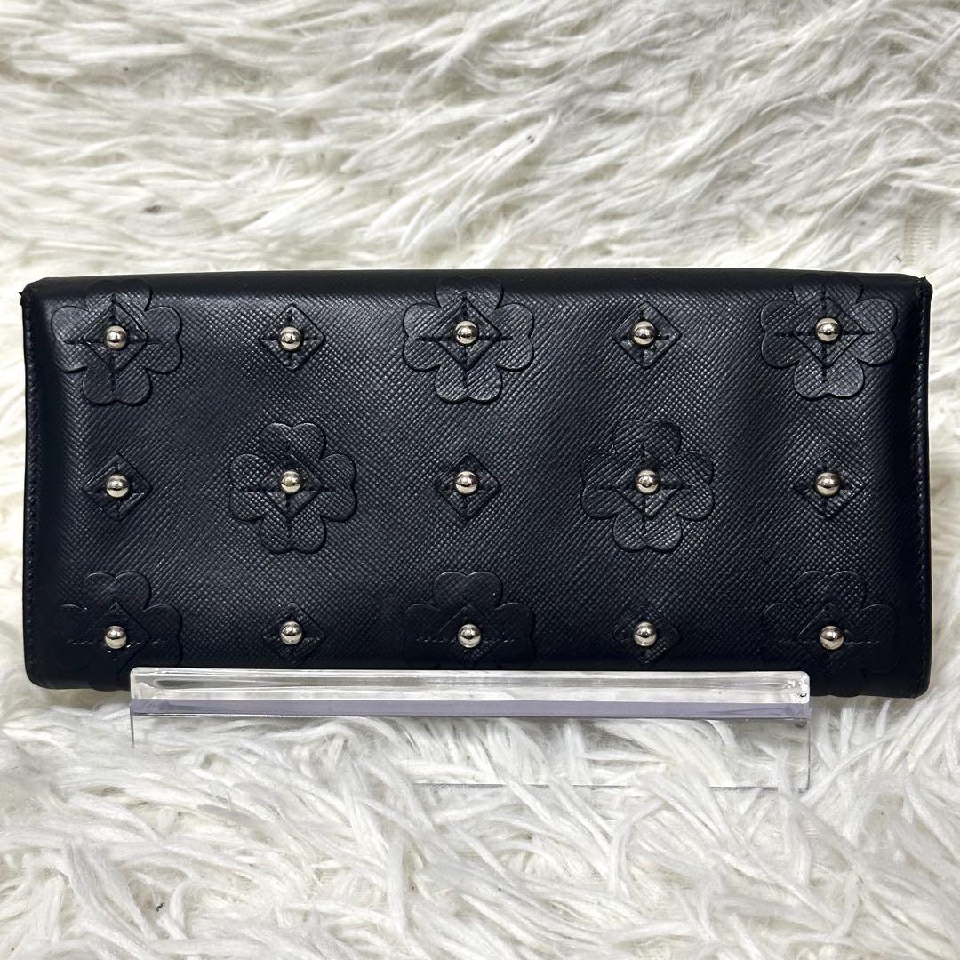 PRADA 長財布 花 シルバー金具 サフィアーノレザー 黒 フラップ