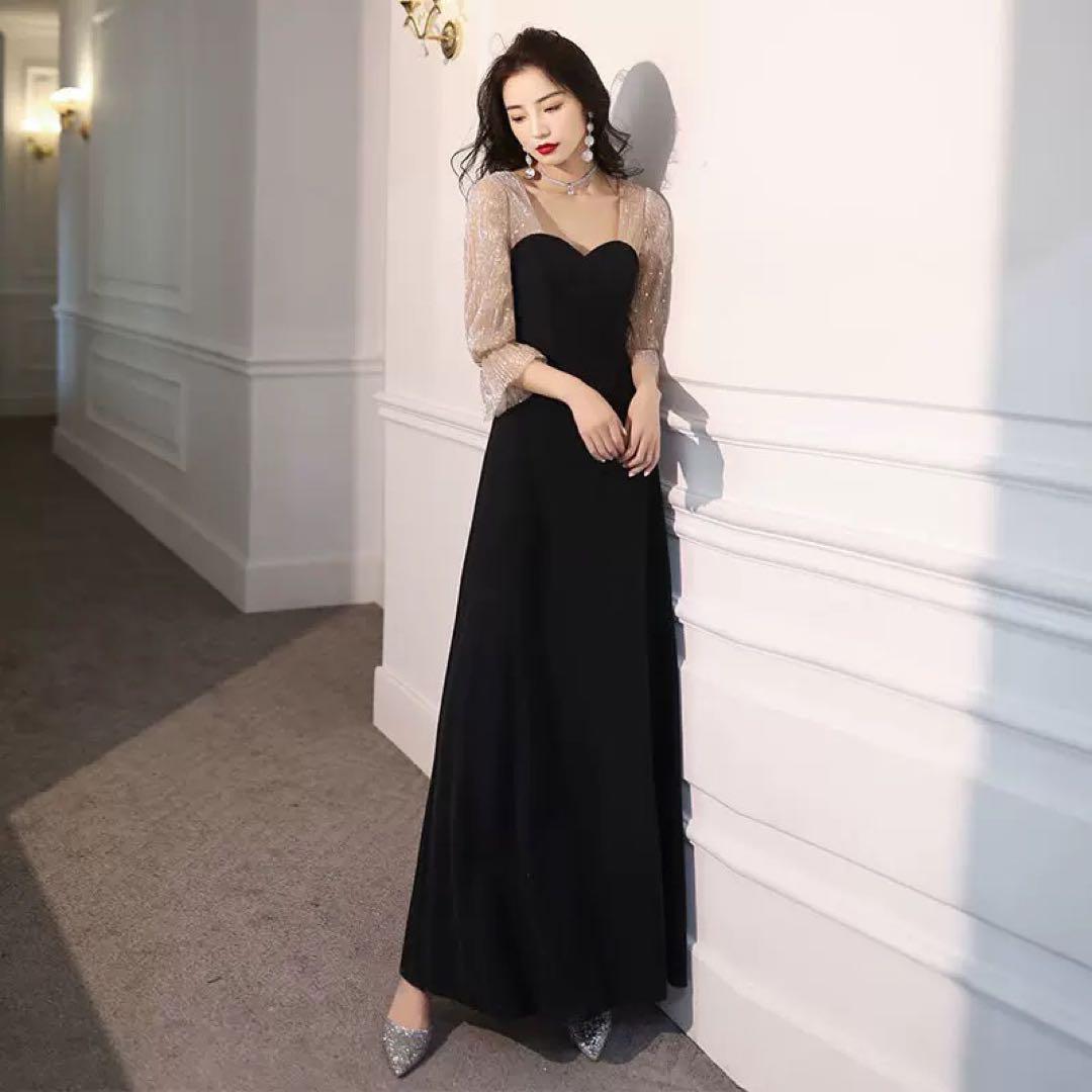 華やかキラキラ✨ロング丈ドレス❤️袖付き❤️結婚式・パーティーに最適