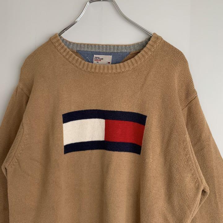 TOMMY HILFIGER ニット デカロゴ 古着 ブラウン