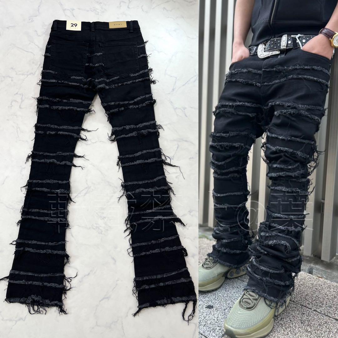 mnmlミニマル X597 パネルスキニースタックデニムパンツ フリンジ加工 S