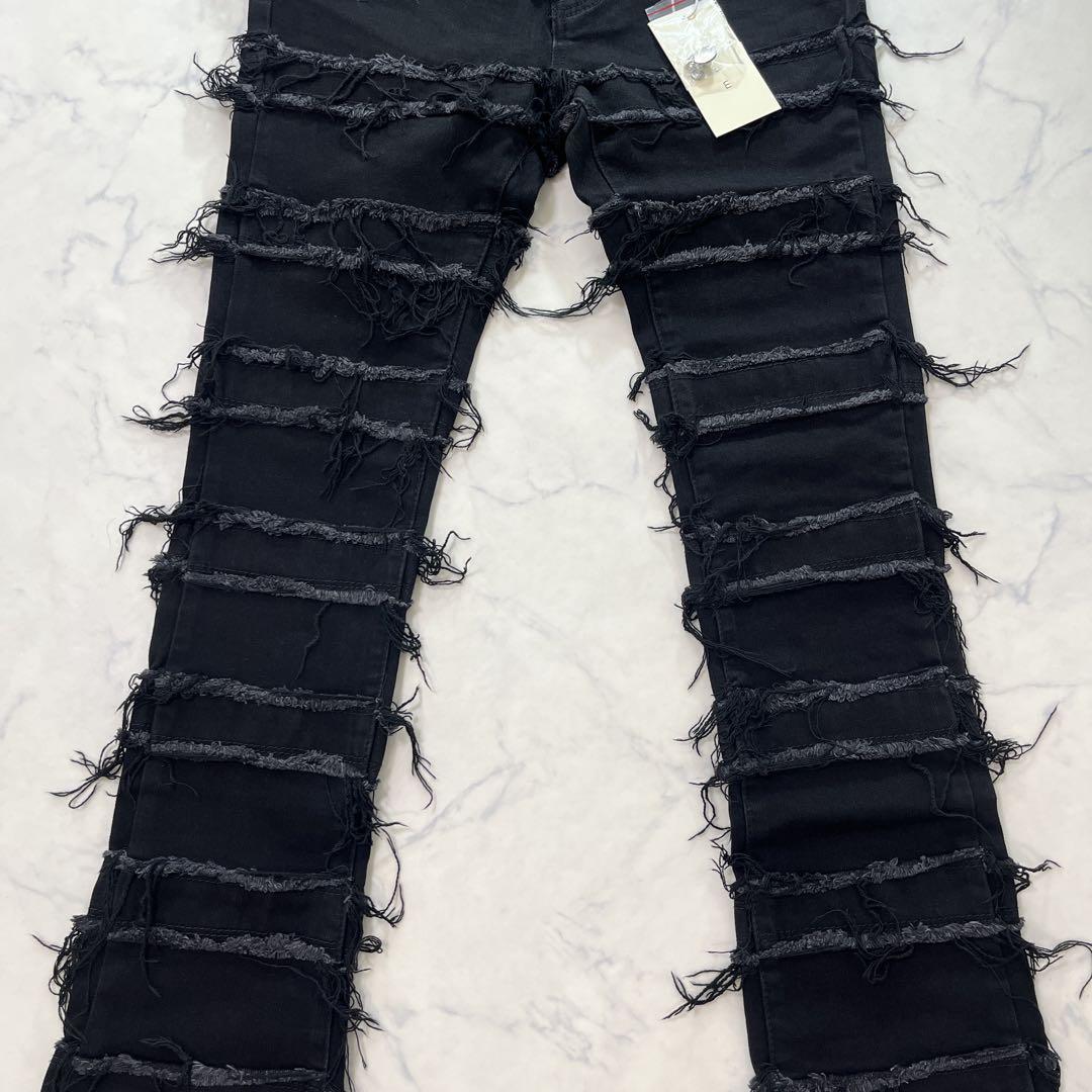 mnmlミニマル X597 パネルスキニースタックデニムパンツ フリンジ加工 S