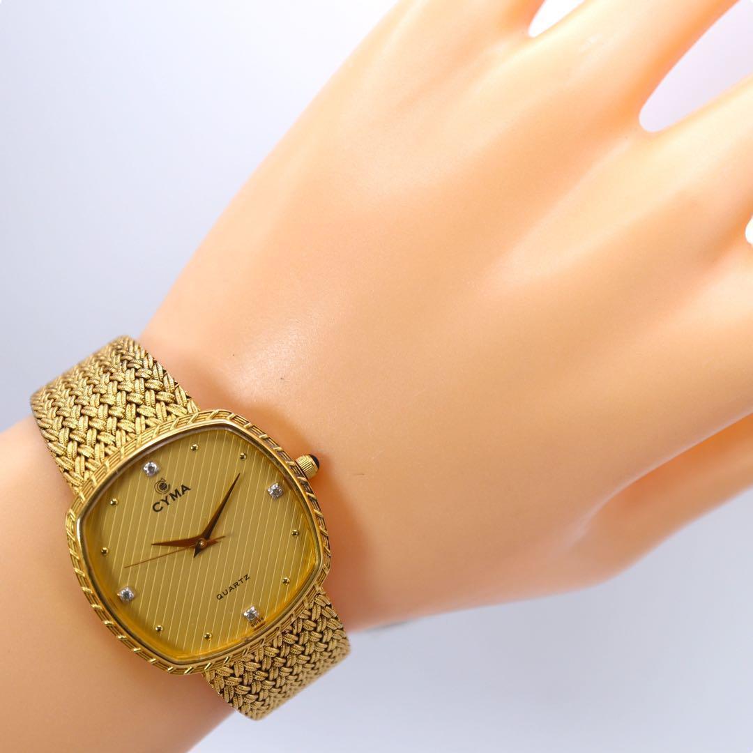 良品 CYMA スクエア 4Pダイヤ ゴールド メンズ腕時計 1104.