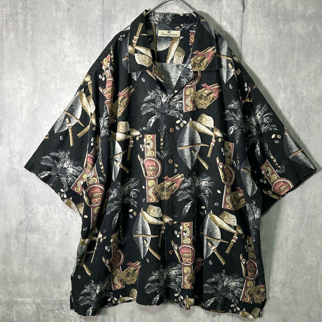 希少デザイン Tommy Bahama シルク 総柄 アロハシャツ 開襟 炭黒