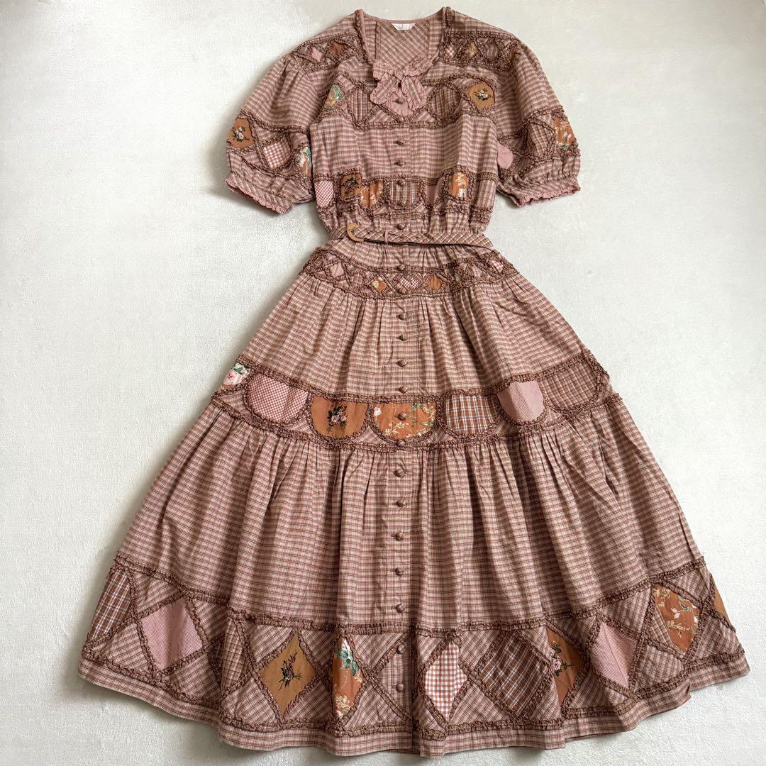【極美品】PINK HOUSE ワンピース ピコフリル パッチワーク ビンテージ 美品✨ピンクハウス ロングワンピース ピコフリル 花柄パッチ