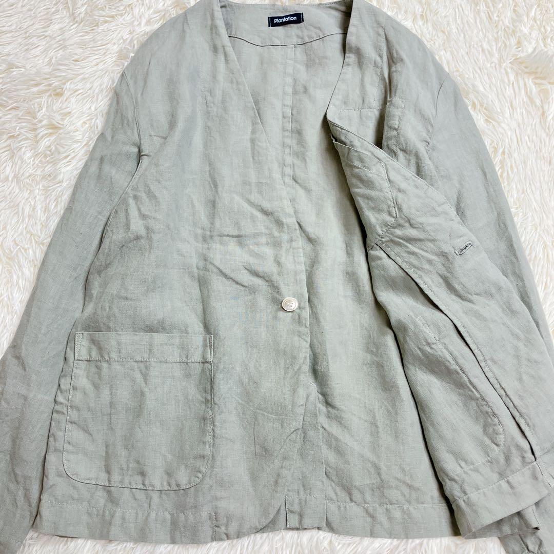 ✨美品✨プランテーション　リネンノーカラージャケット　カーディガン　グリーン　M