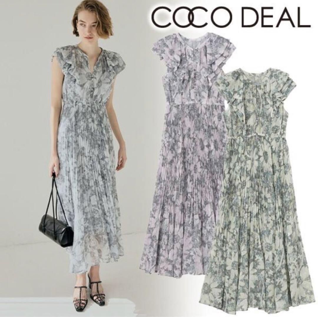 ココディール 線画フラワーフリルプリーツ　ワンピース 裏地付き 美品【ココディールCOCODEAL】線画フラワー フリル プリーツ