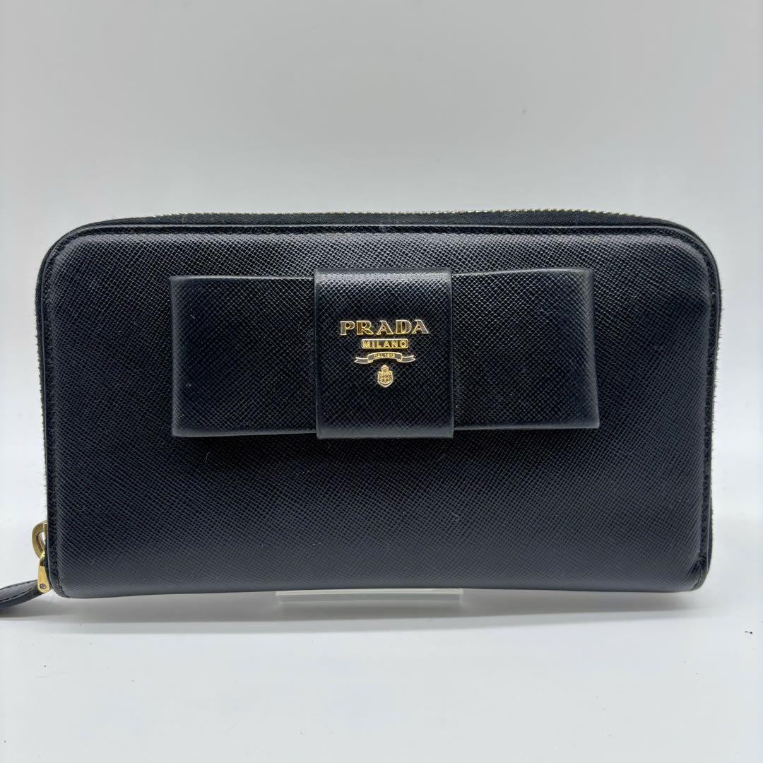 ✨PRADA プラダ 長財布 リボン サフィアーノレザー ラウンドジップ 黒
