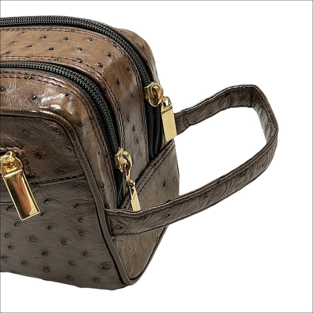 J6143 美品 オーストリッチ セカンドバッグ ブラウン ダチョウ 駝鳥