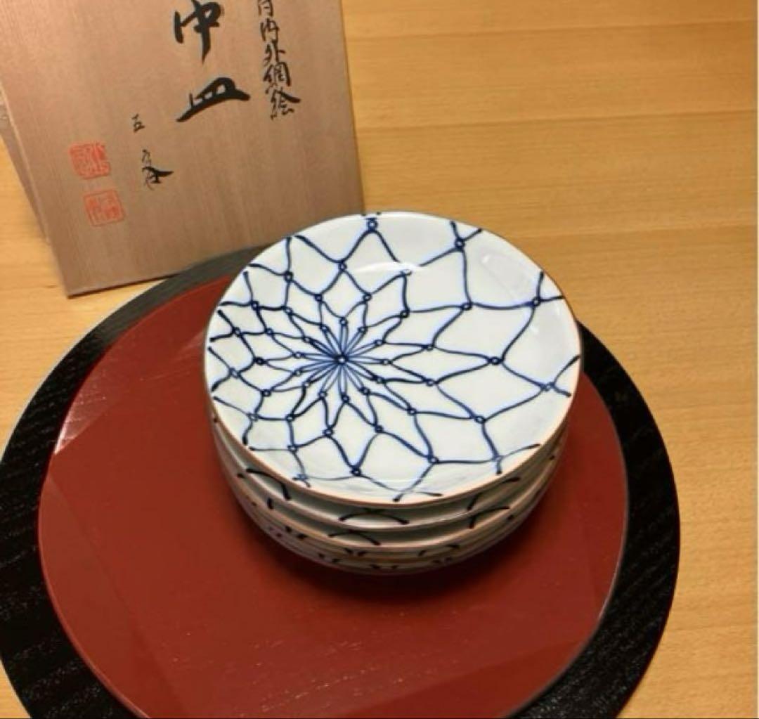 未使用】京焼 清水焼 染付内外網絵 網目 銘々皿 中皿 5P - メルカリ