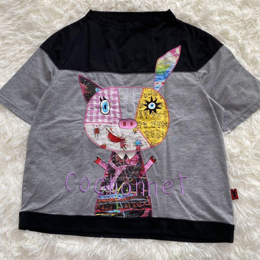 アルベロベロ　30thブタさんアップリケ半袖Tシャツ　刺繍　黒　グレー