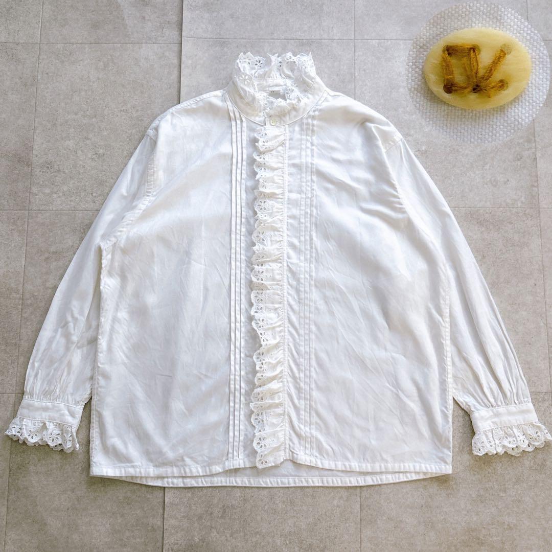 美品✨ 45R 薄オックスのフリルブラウス カットワークレース ピンタック 白
