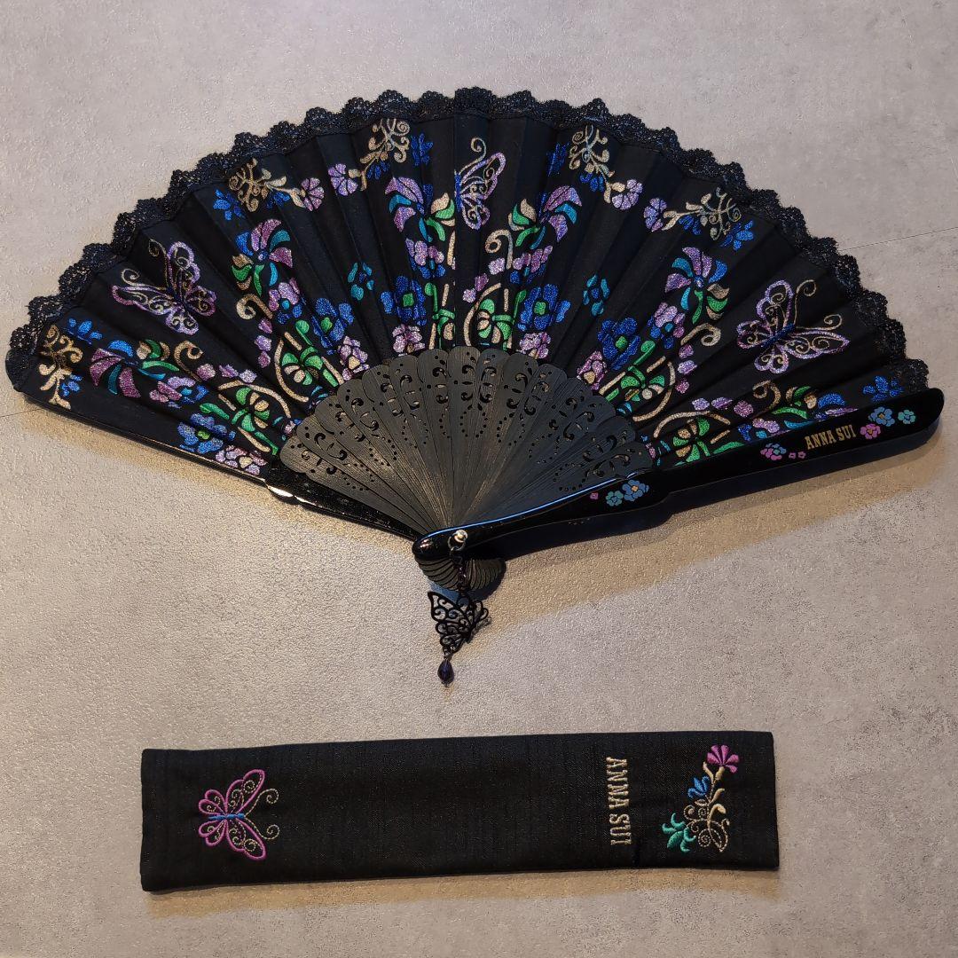 ANNA SUI アナスイ 扇子 花柄 蝶 刺繍 黒 ケース付き - メルカリ