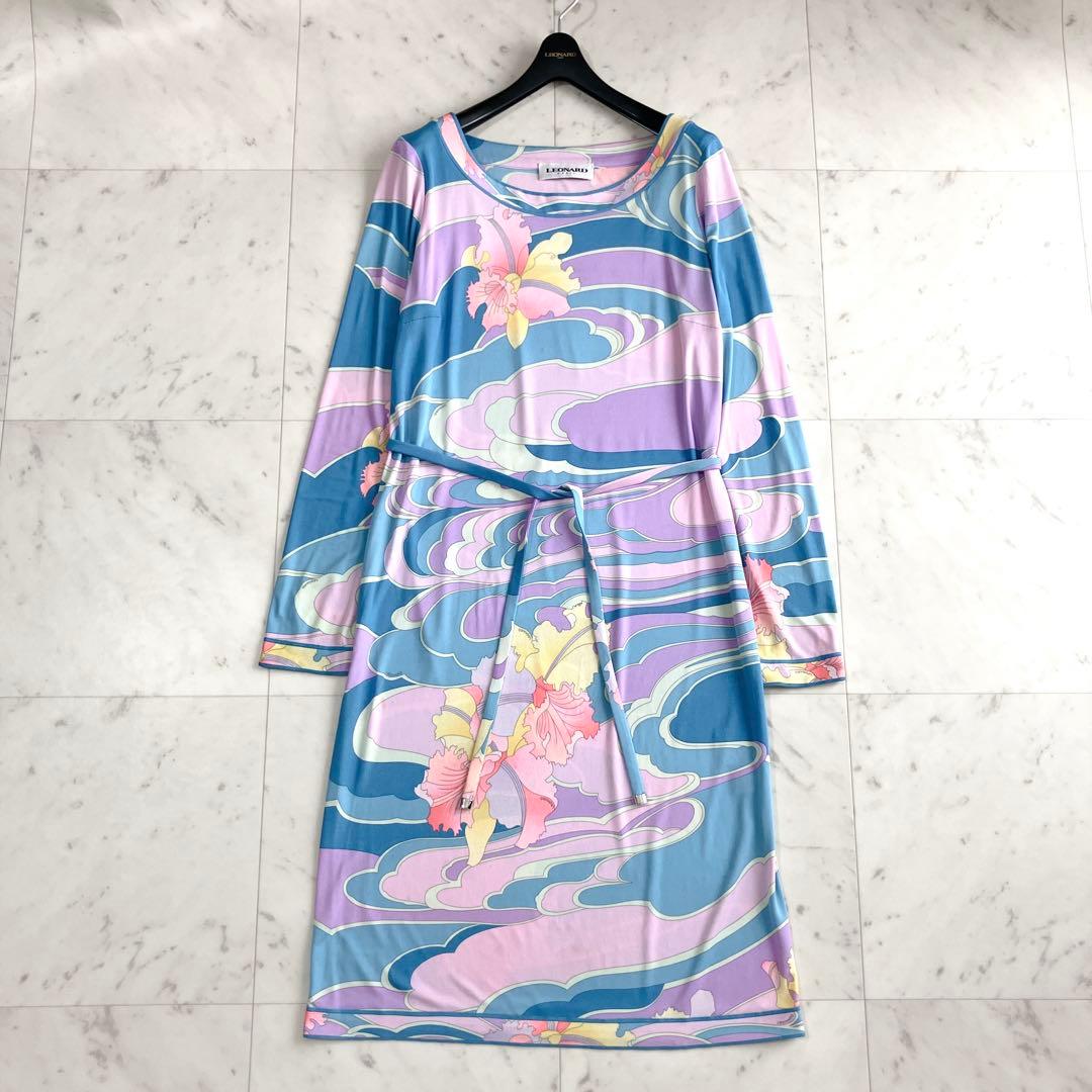 シルク100% レオナール ジャージーワンピース ベルト トリム 花 水色 M