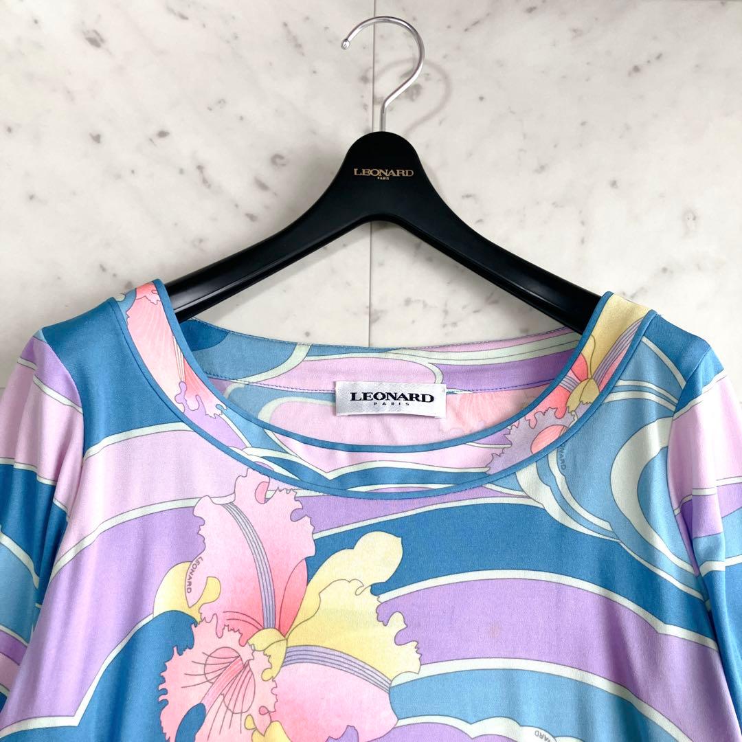 シルク100% レオナール ジャージーワンピース ベルト トリム 花 水色 M