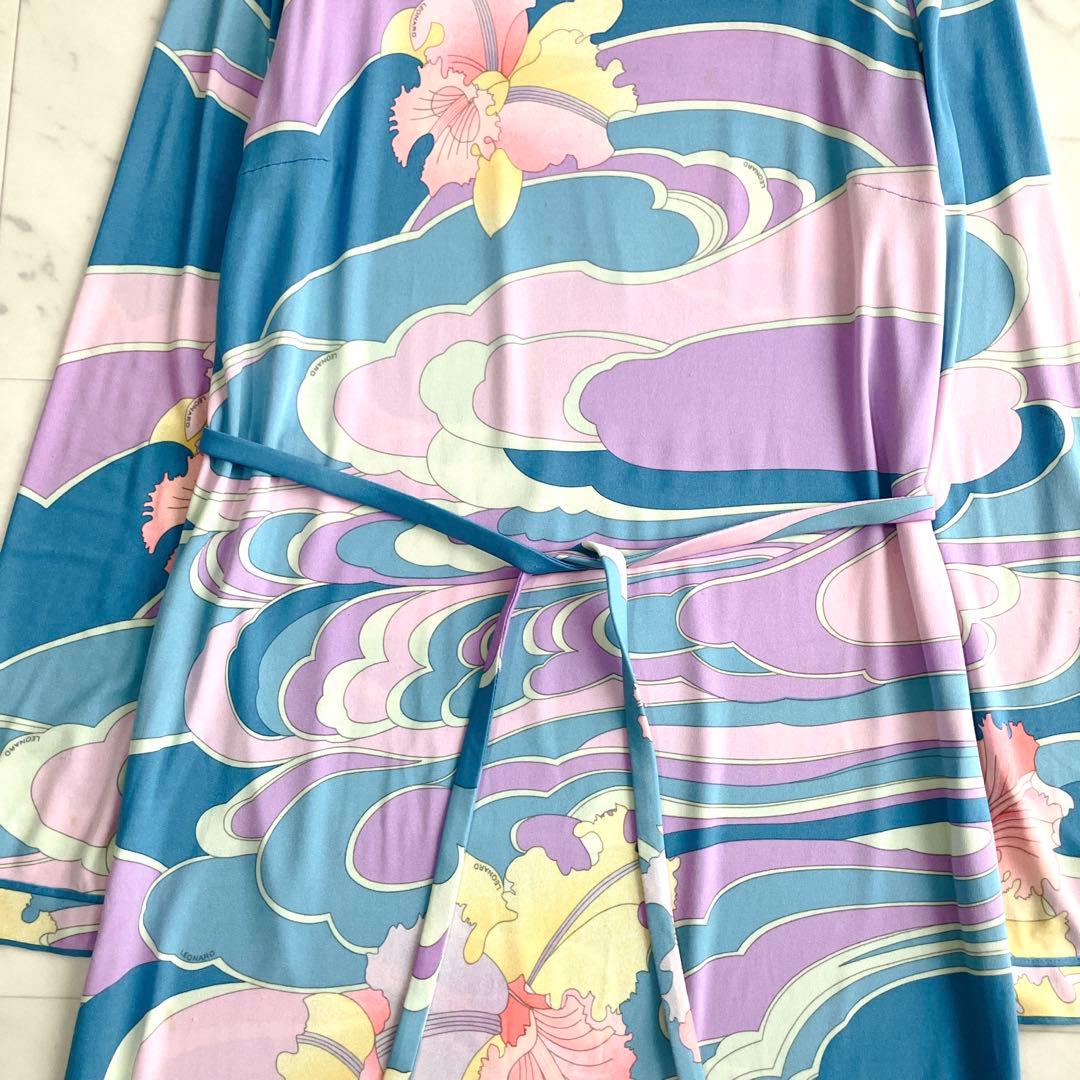 シルク100% レオナール ジャージーワンピース ベルト トリム 花 水色 M