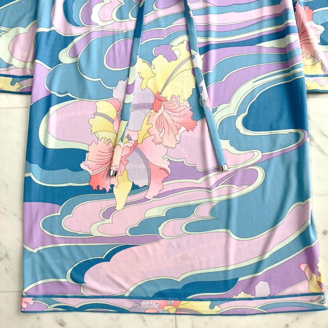 シルク100% レオナール ジャージーワンピース ベルト トリム 花 水色 M