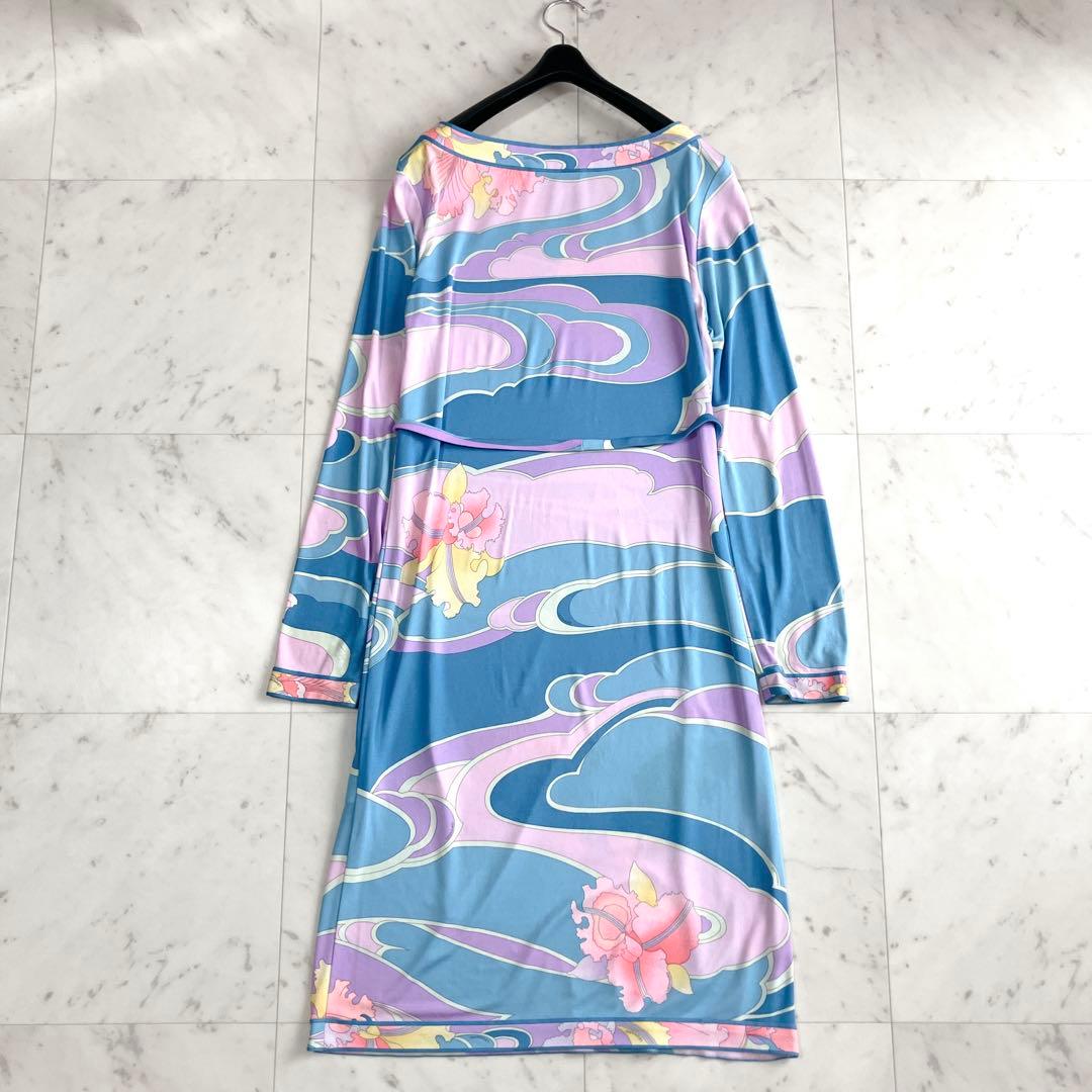 シルク100% レオナール ジャージーワンピース ベルト トリム 花 水色 M