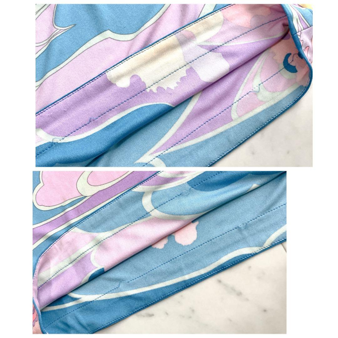 シルク100% レオナール ジャージーワンピース ベルト トリム 花 水色 M