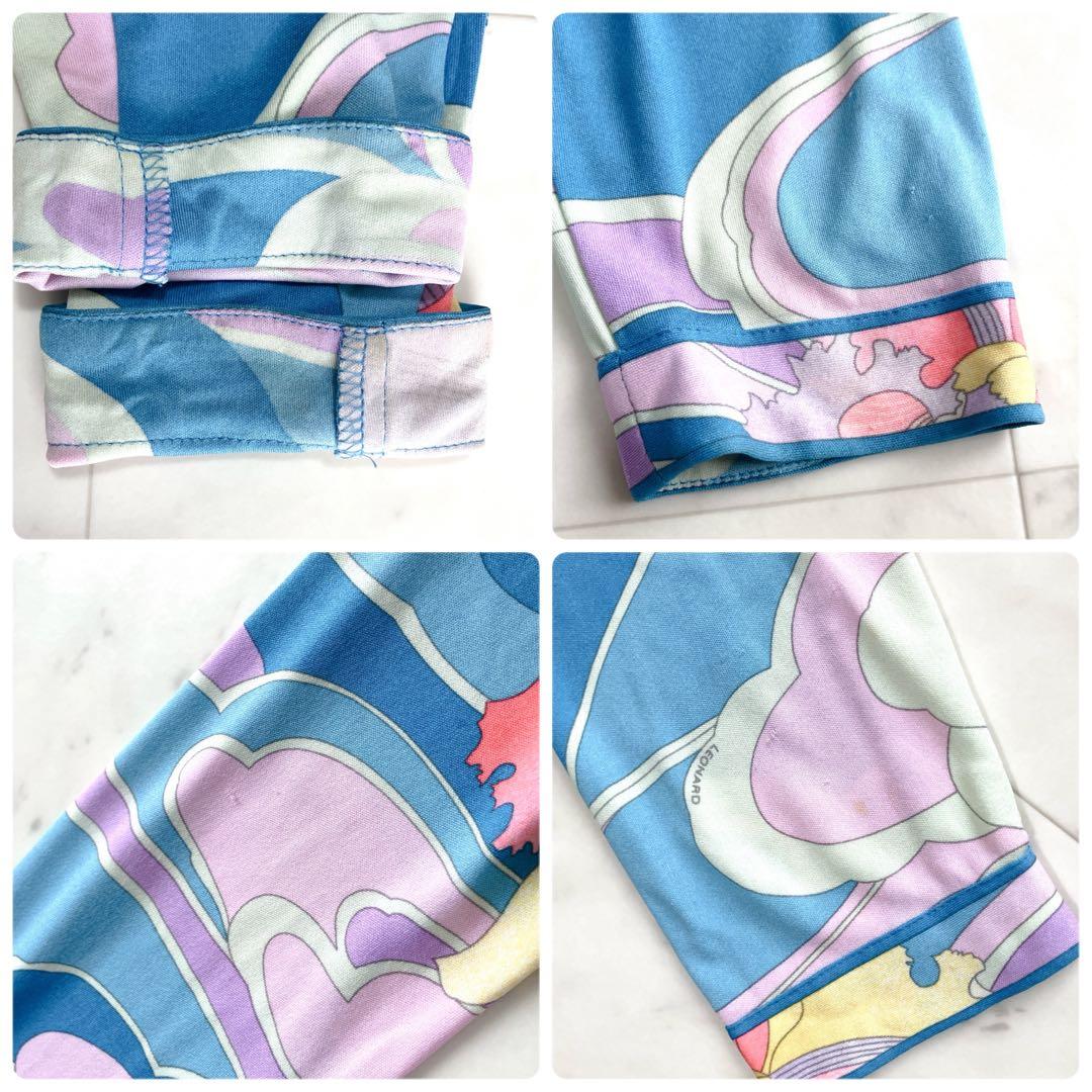 シルク100% レオナール ジャージーワンピース ベルト トリム 花 水色 M