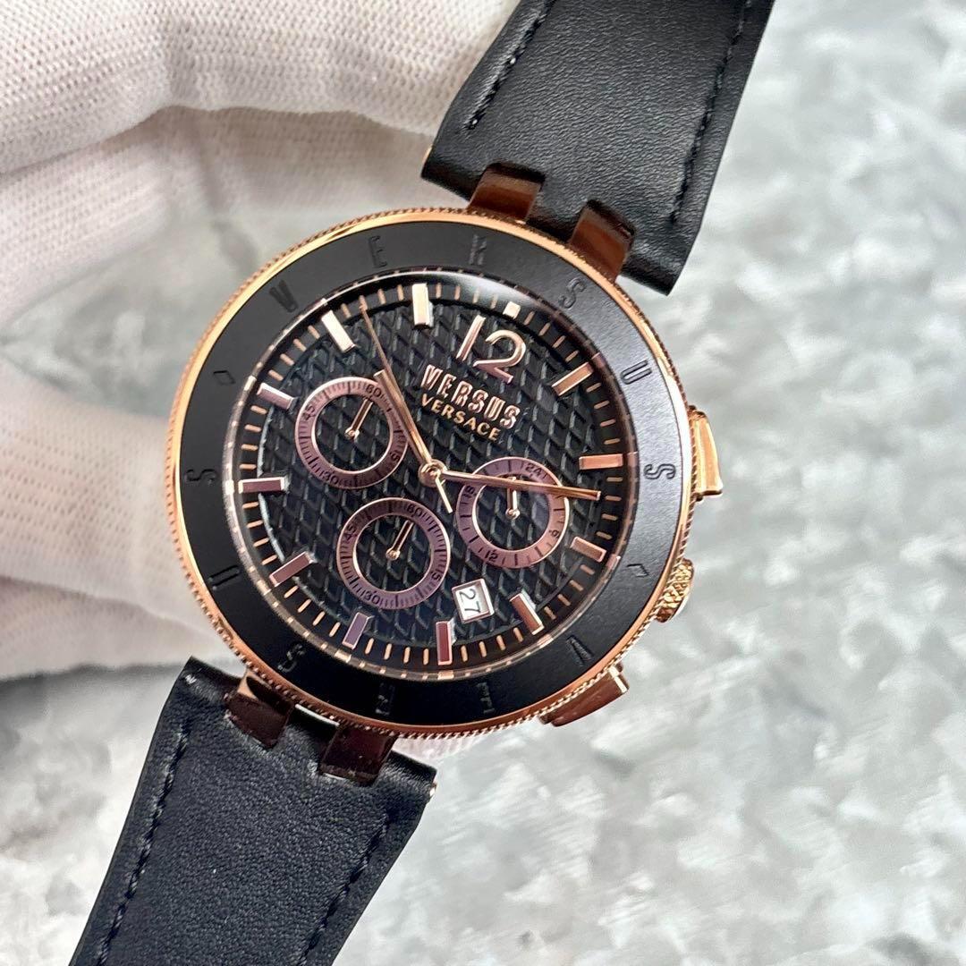 新品 ヴェルサス ヴェルサーチ メンズ腕時計ゴールド ブラック レザーベルト人気