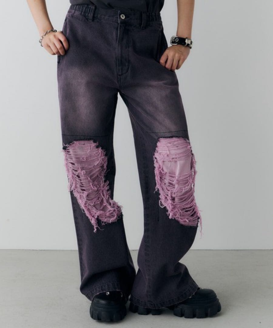 AIVER　オーバーダイフレアダメージデニム