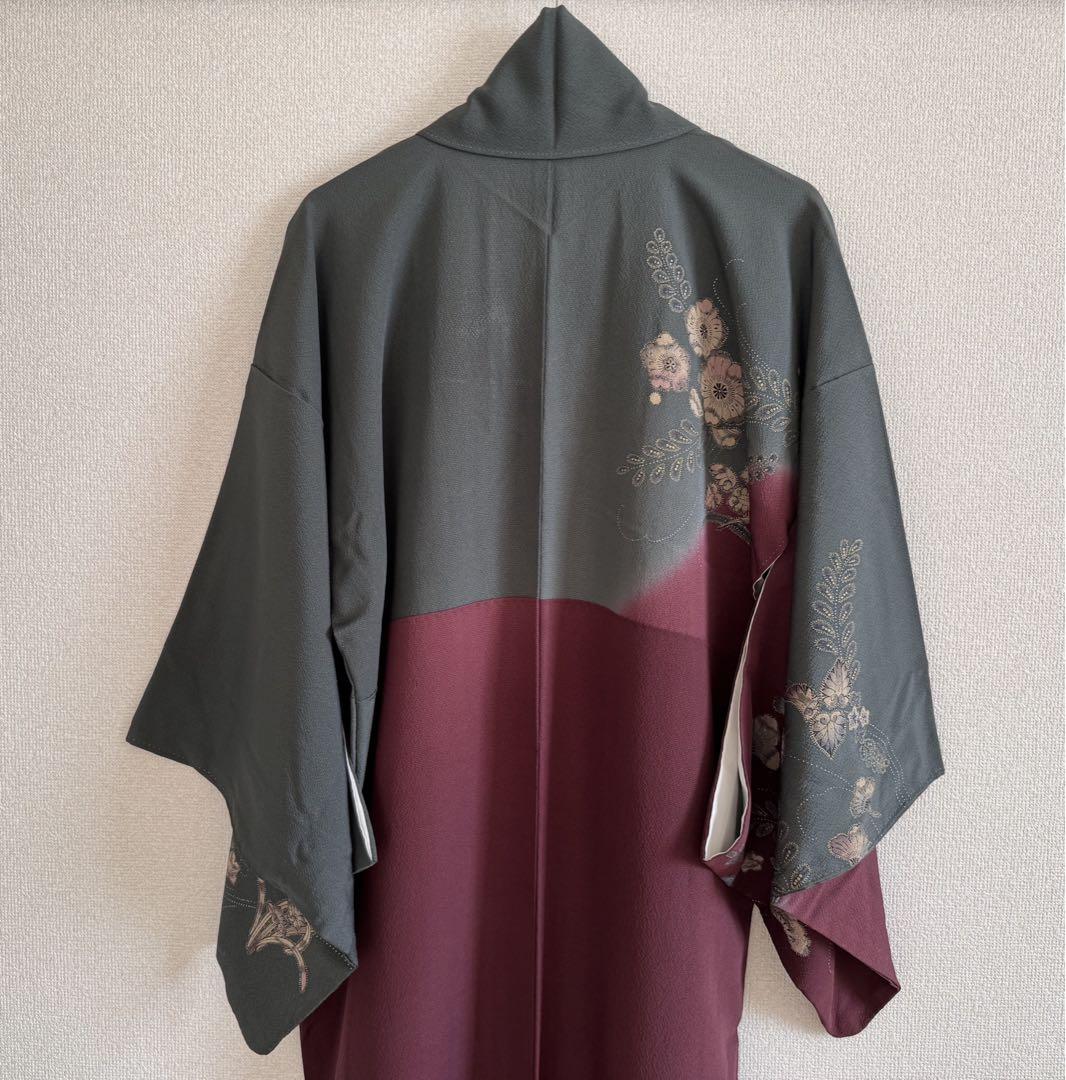 「H081」訪問着 名品 辻が花柄 金銀彩 染め分け 深緑 袷