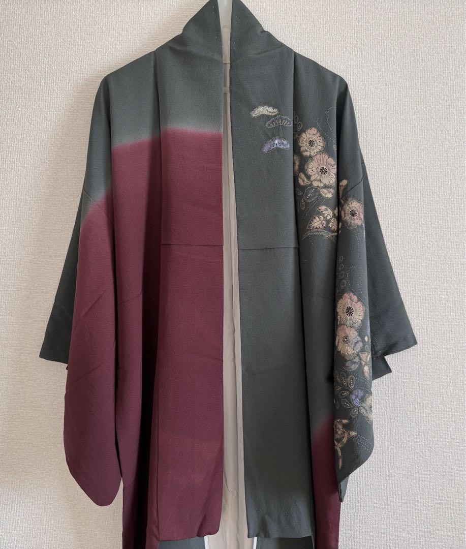 「H081」訪問着 名品 辻が花柄 金銀彩 染め分け 深緑 袷