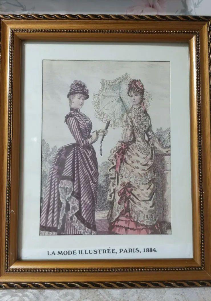 フランスアンティーク貴婦人版画　マーブル額装　最大サイズ A012【版画複製版】フランスアンティーク 貴婦人 ファッション誌