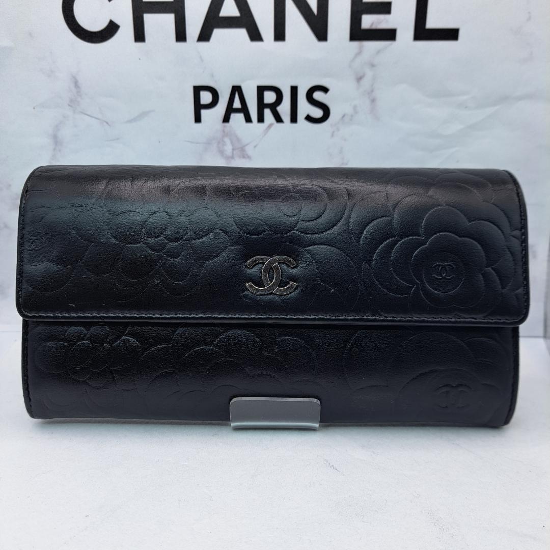 CHANEL カメリア ブラック ラムスキン 二つ折り財布 財布 長財布