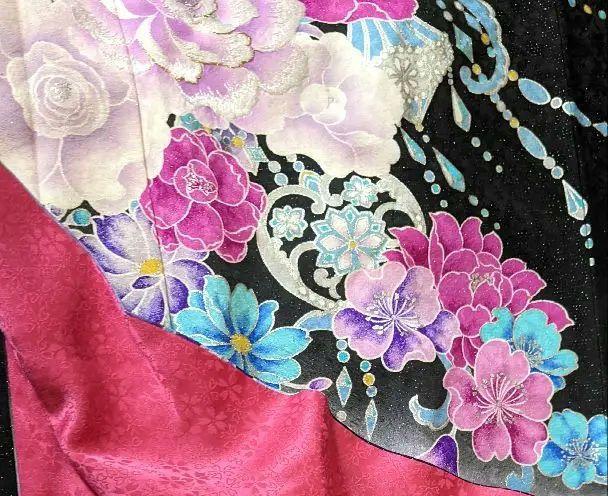 振袖フルセット✨ラメ入り薔薇柄刺繍　高身長、ゆったりめ　正絹☆成人式に✨