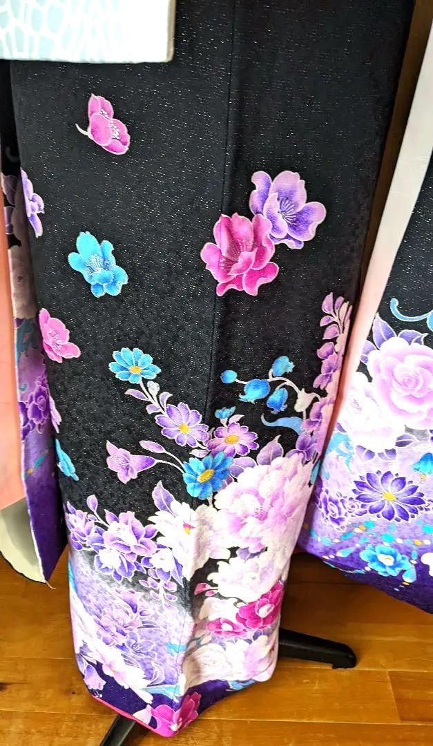 振袖フルセット✨ラメ入り薔薇柄刺繍　高身長、ゆったりめ　正絹☆成人式に✨