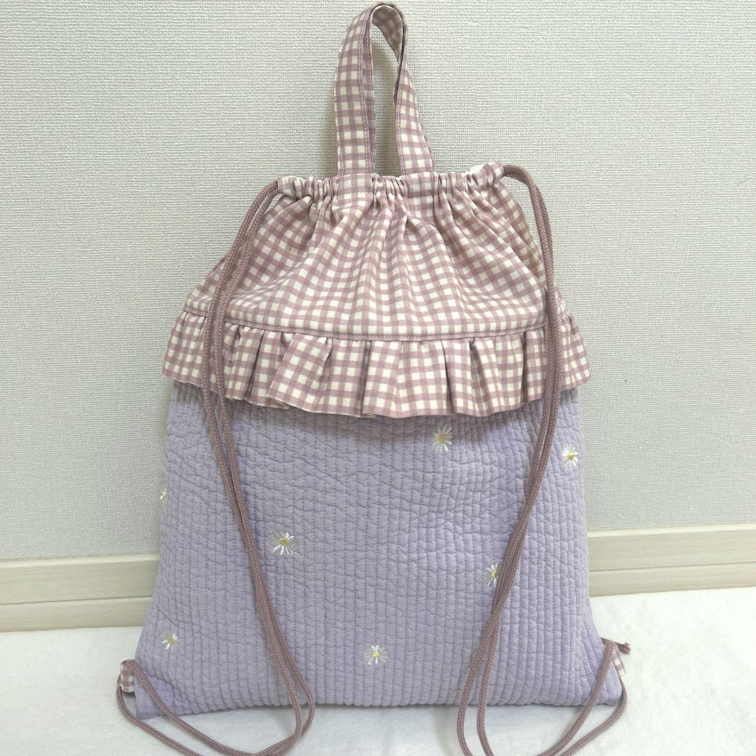 入園入学4点セット　【マーガレットヌビ×くすみピンクチェック＋お花刺繍】　女の子
