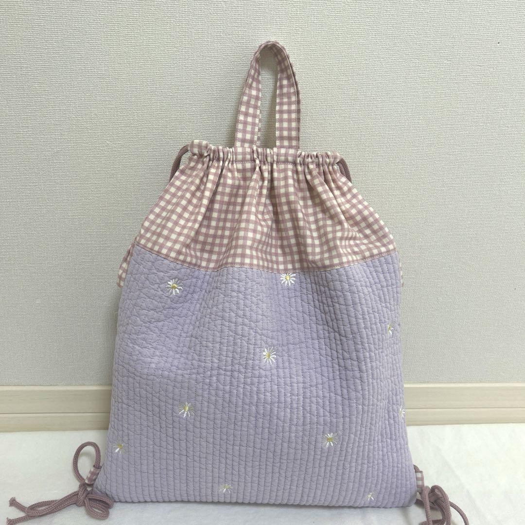 入園入学4点セット　【マーガレットヌビ×くすみピンクチェック＋お花刺繍】　女の子