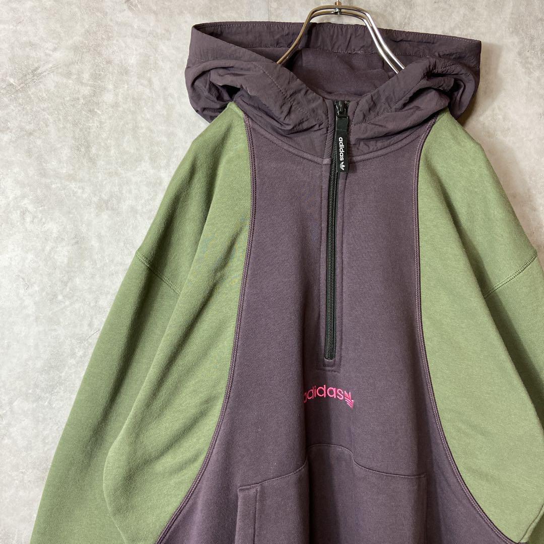 adidasパーカー古着刺繍ロゴ紫緑L