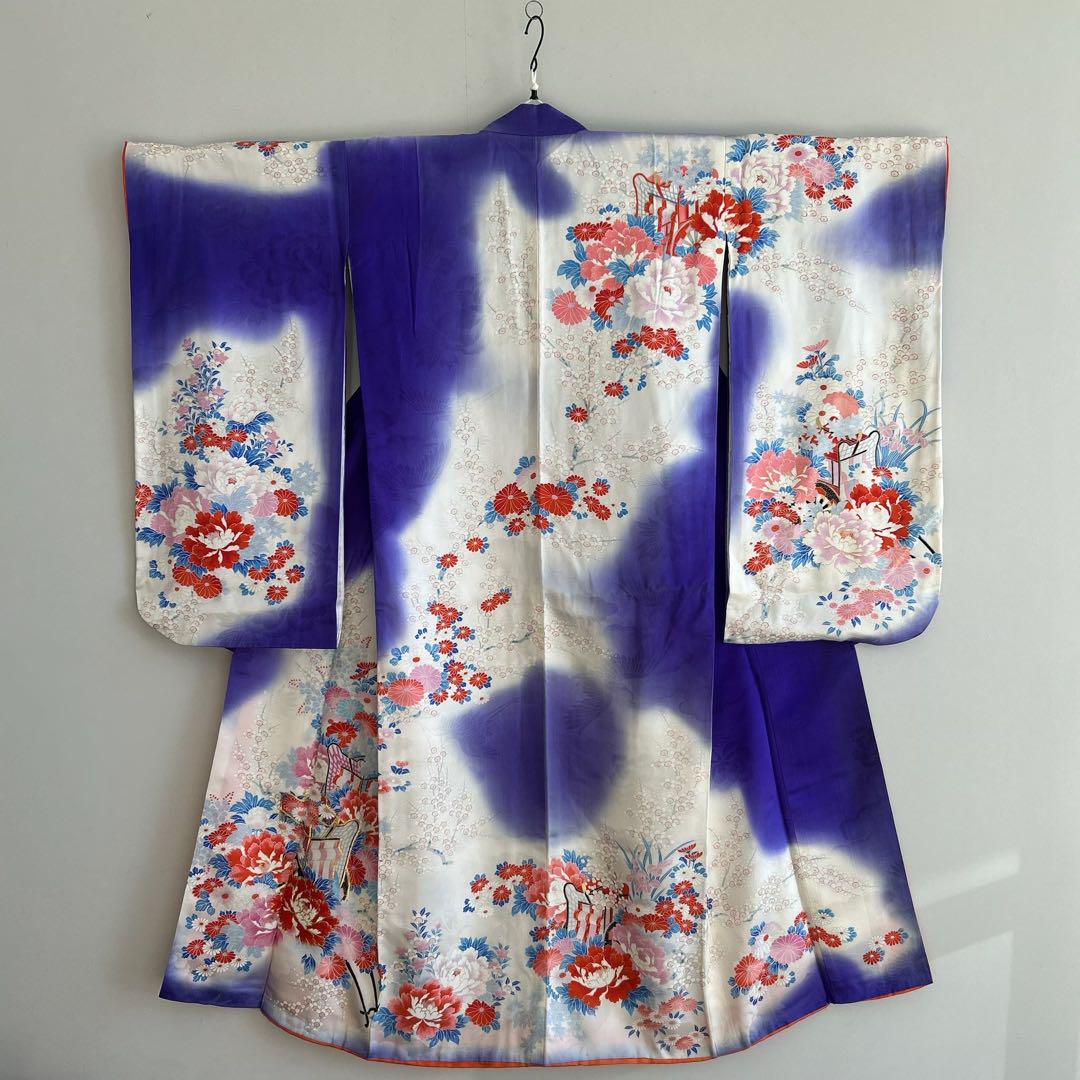 セット七五三7歳女の子長着&袖なし長襦袢&作り帯&小物 青紫×白金糸花御所車梅菊 画像8