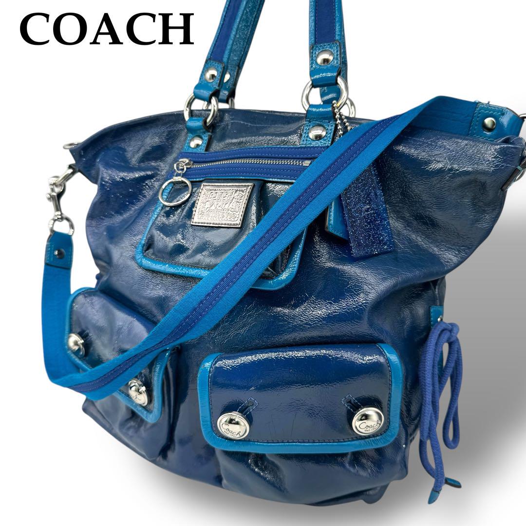 COACH コーチ 2way ショルダーバッグ ロゴ レザー ブルー A4