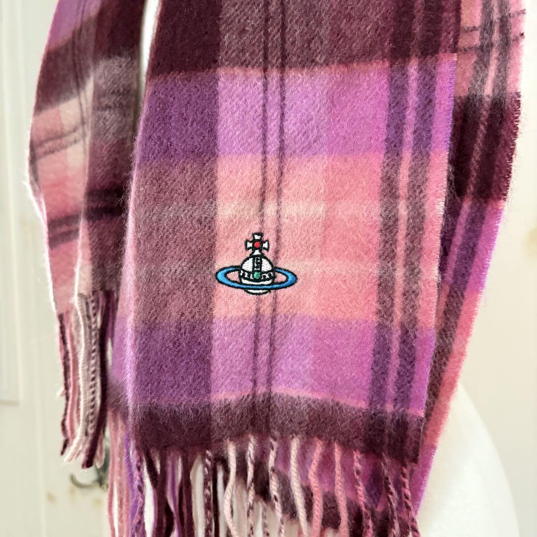 vivienne westwood チェック柄 カシミヤ100 ピンク ストール