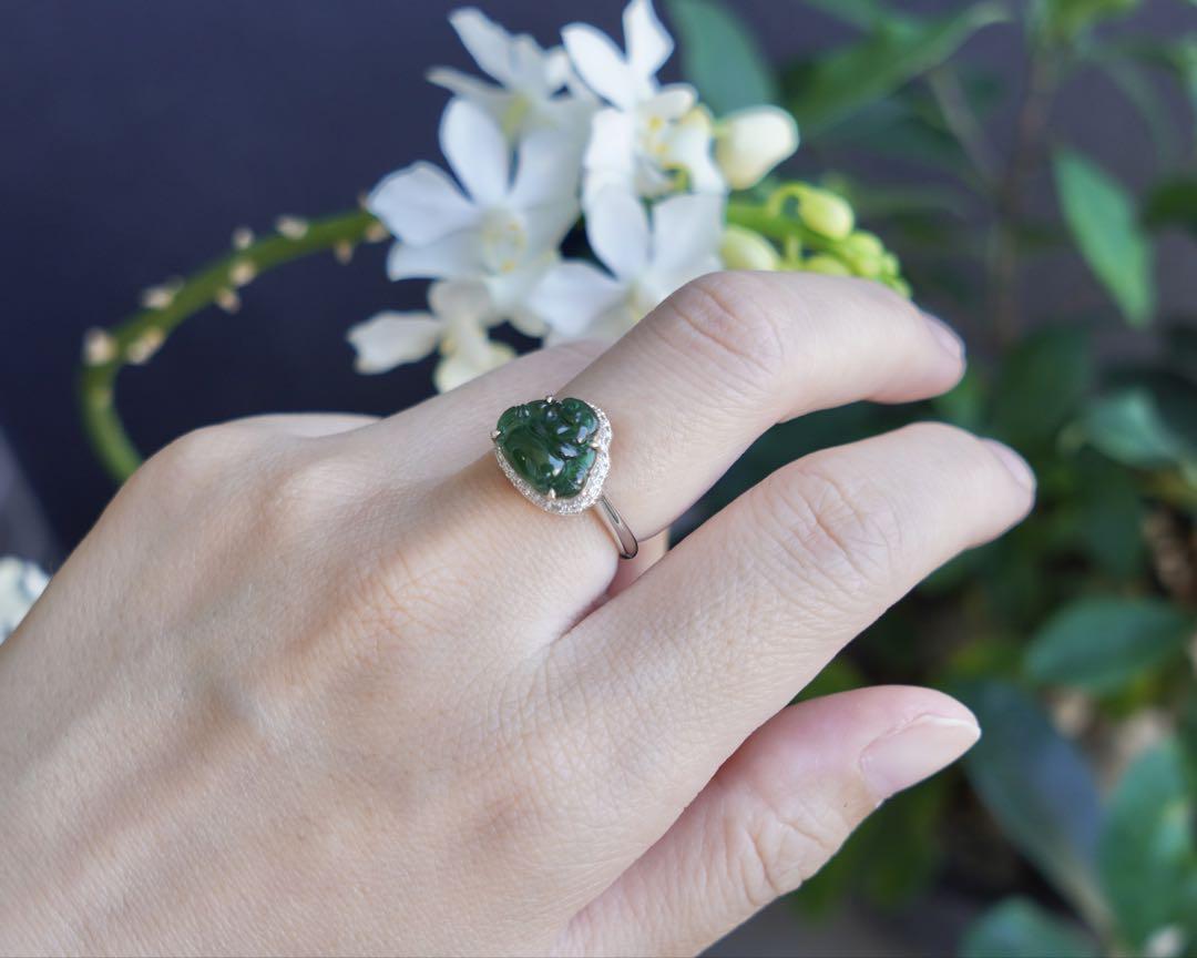 レア‼️本翡翠　氷種　陽緑　布袋様　18金　天然ダイヤモンド　超美品　0010