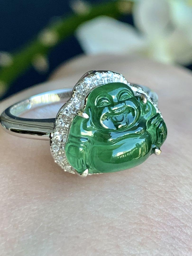 レア‼️本翡翠　氷種　陽緑　布袋様　18金　天然ダイヤモンド　超美品　0010
